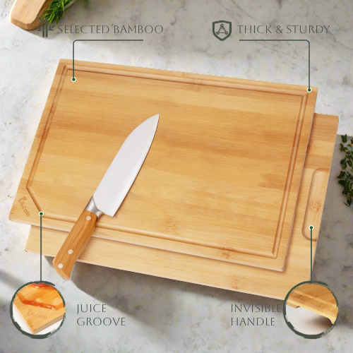 4-piece extra large kitchen bamboo cutting board set, heavy duty cutting board with juice groove, inner handle design.