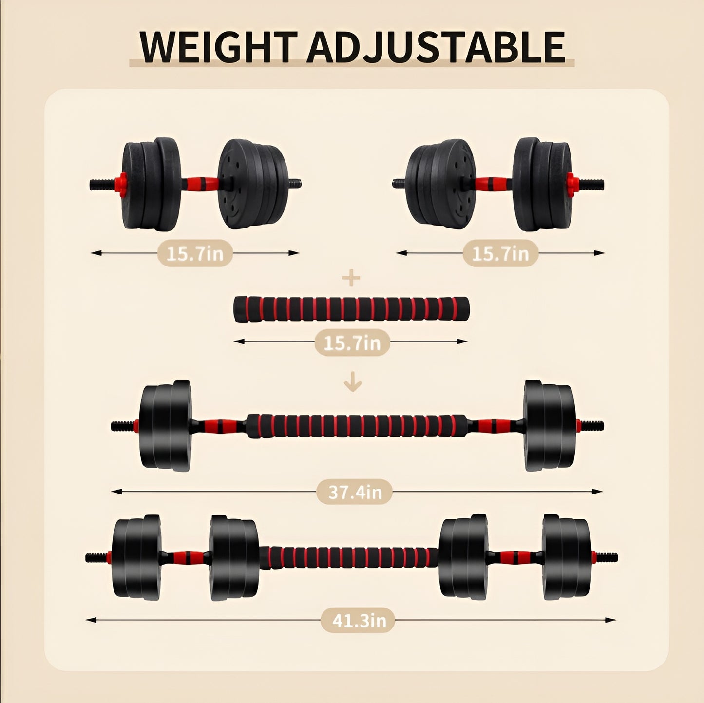 5-44lbs Adjustable Dumbbell to Barbell Set, Anti-Slip Grip, Versatile Home Gym Fitness Strength Training Barbell Weight Plates