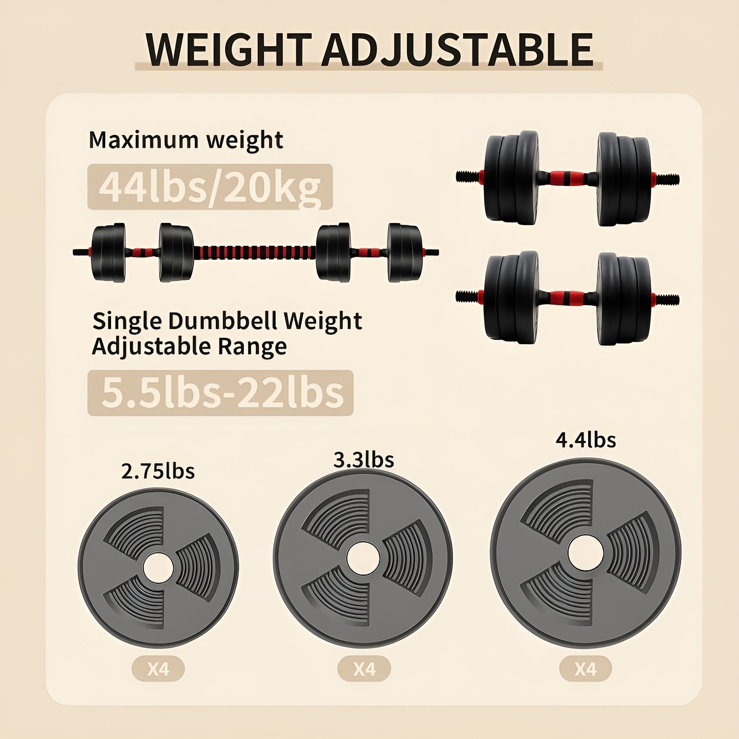 5-44lbs Adjustable Dumbbell to Barbell Set, Anti-Slip Grip, Versatile Home Gym Fitness Strength Training Barbell Weight Plates
