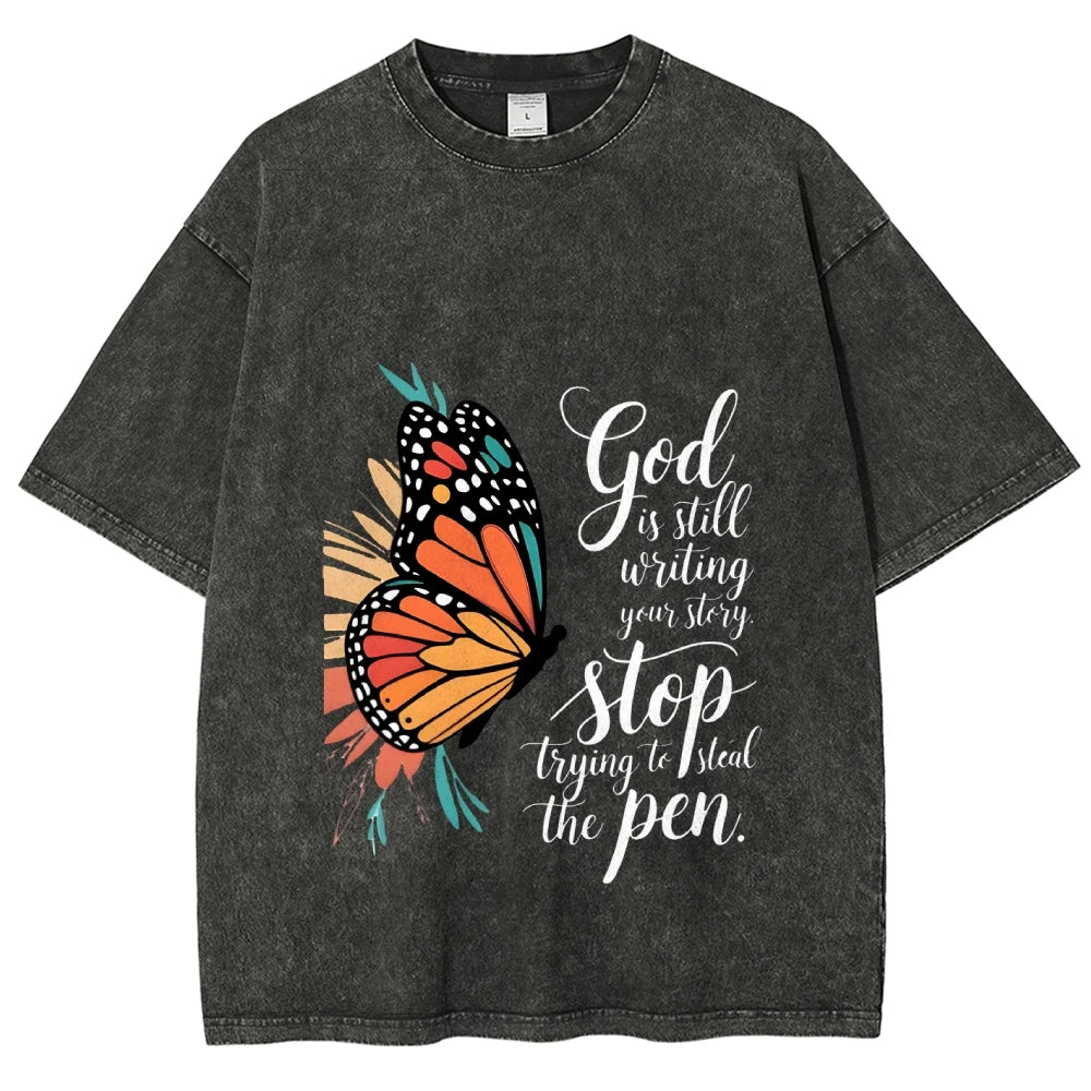 Butterfly God Steal The Pen Graphic Washed Tee Cool Boys Y2K Streetwear Casual Unisex Retro Style Fashion Tee Shirt
