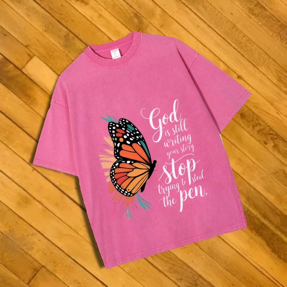 Unisex - Butterfly God is Still Writing Graphic Washed Tee Y2K Streetwear Casual Unisex Retro Style