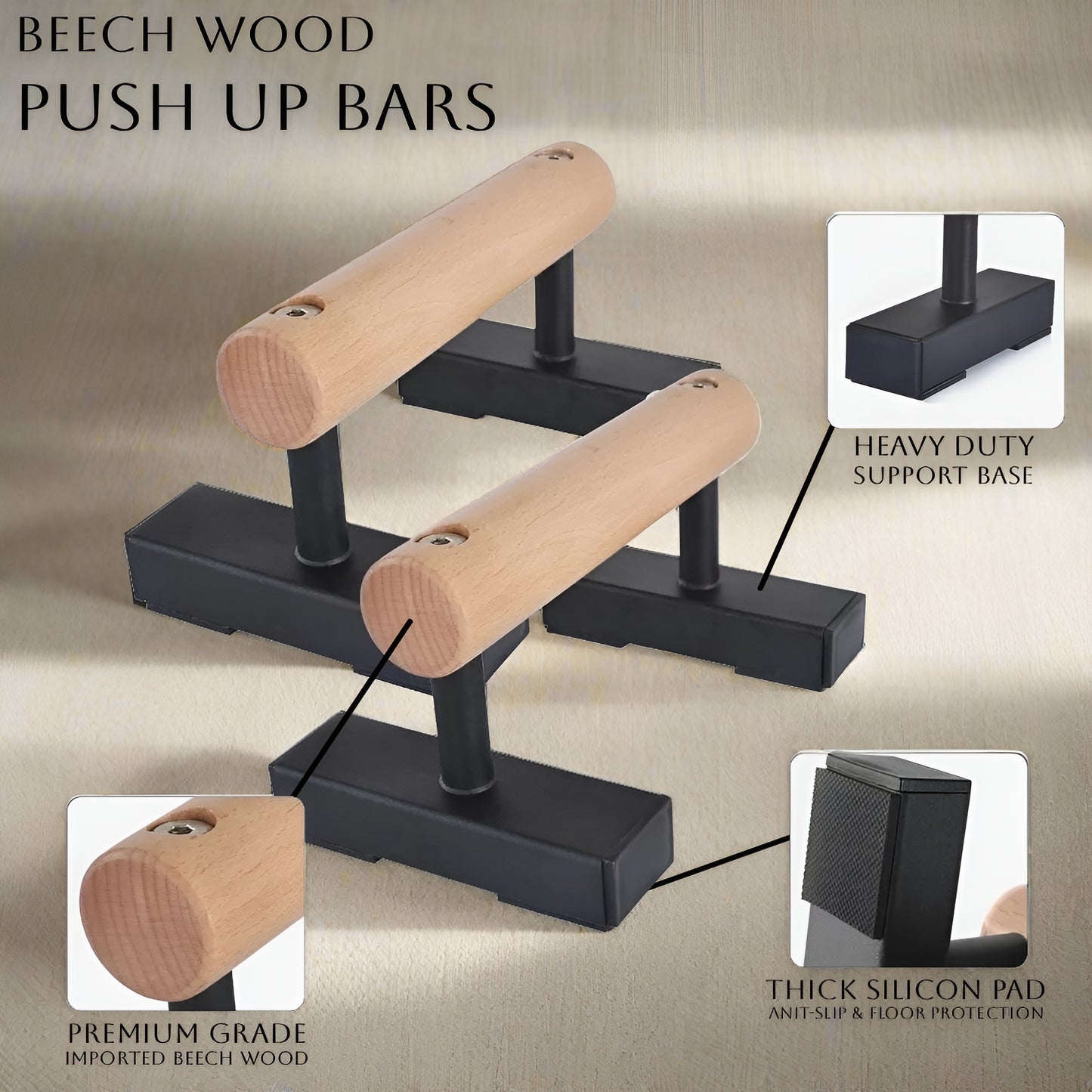 1 Pair Wood Floor Push Up Bars for Men, Anti-slip Handstand Parallettes Bars, Strength Training Push-Up Stands for Calisthenics,