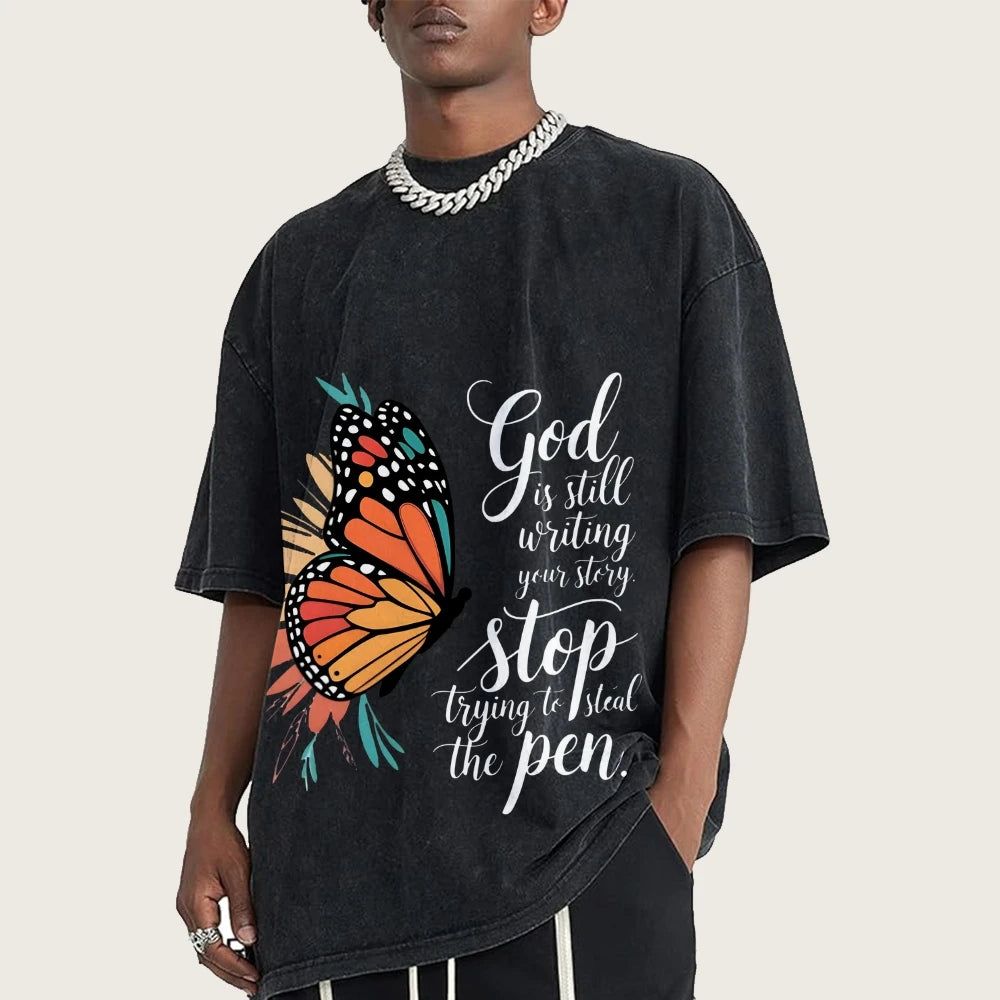Butterfly God Steal The Pen Graphic Washed Tee Cool Boys Y2K Streetwear Casual Unisex Retro Style Fashion Tee Shirt