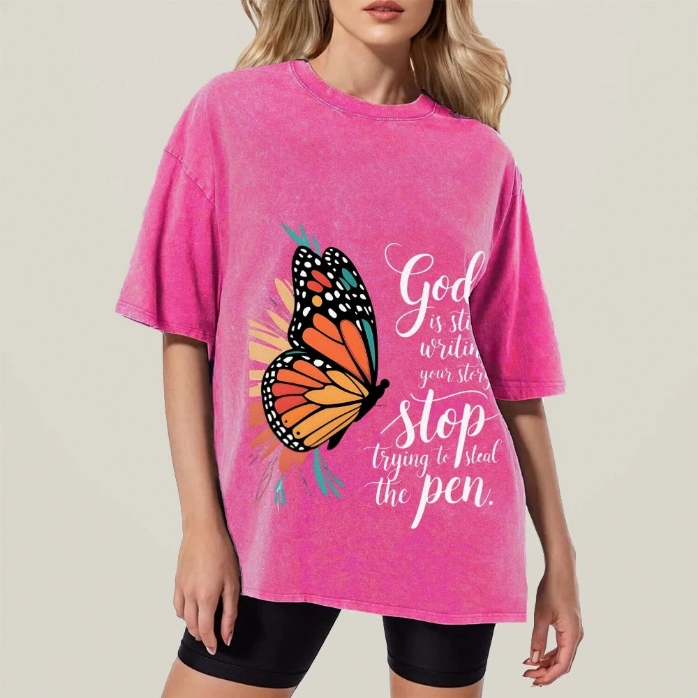 Butterfly God Steal The Pen Graphic Washed Tee Cool Boys Y2K Streetwear Casual Unisex Retro Style Fashion Tee Shirt