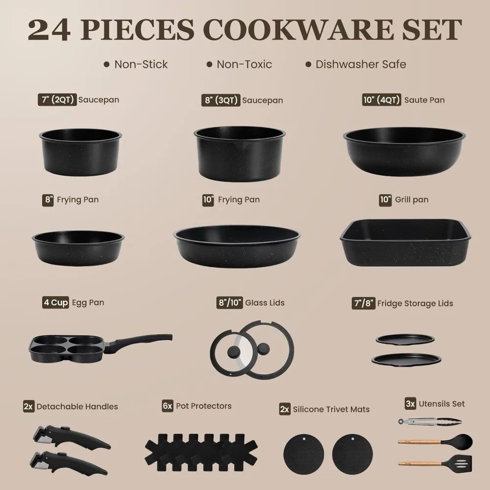 KIKCOIN 24 Pack Pots and Pans Set Non Stick, Detachable Handle Cookware Set, Induction RV Kitchen Cooking Set with Removable Han
