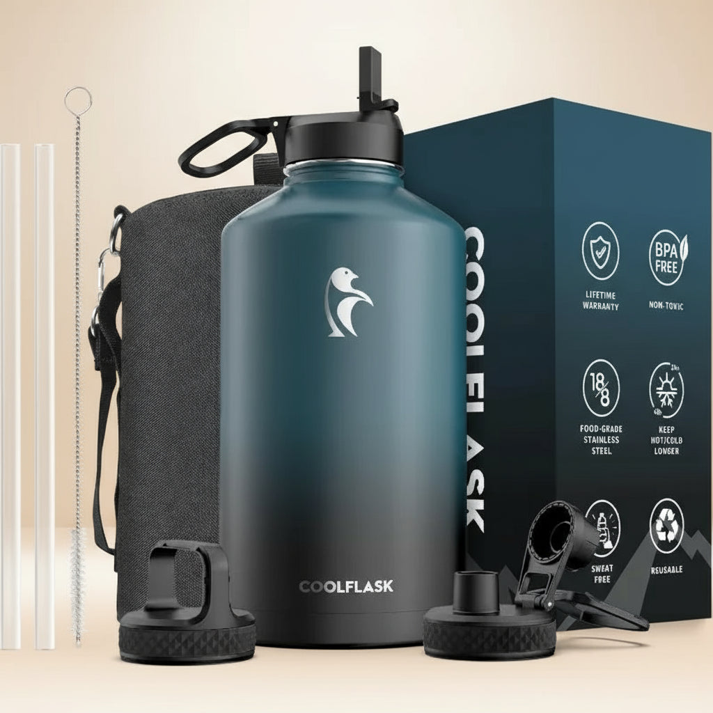128 oz Gallon Water Bottle Insulated with Straw&3 Lids, Water Jug Large Stainless Steel Metal Vacuum Wide Mouth for Sp