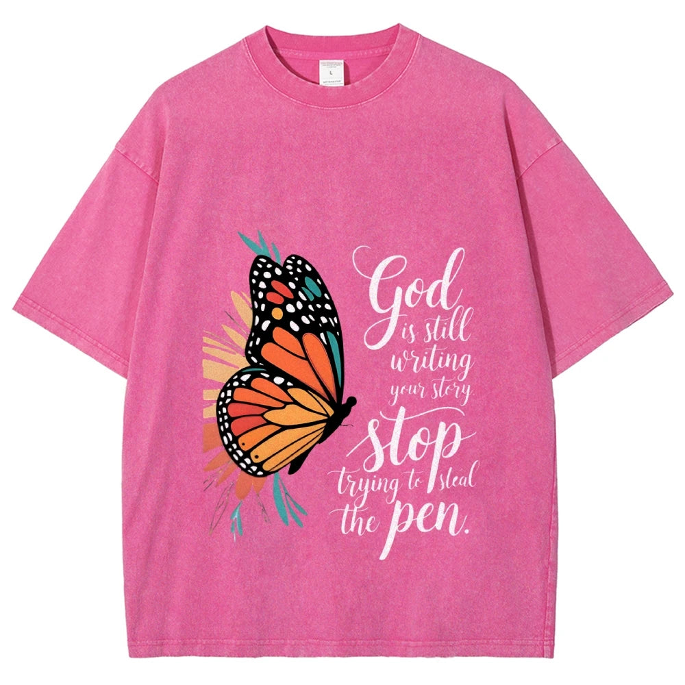Butterfly God Steal The Pen Graphic Washed Tee Cool Boys Y2K Streetwear Casual Unisex Retro Style Fashion Tee Shirt
