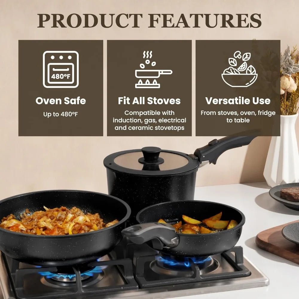 KIKCOIN 24 Pack Pots and Pans Set Non Stick, Detachable Handle Cookware Set, Induction RV Kitchen Cooking Set with Removable Han