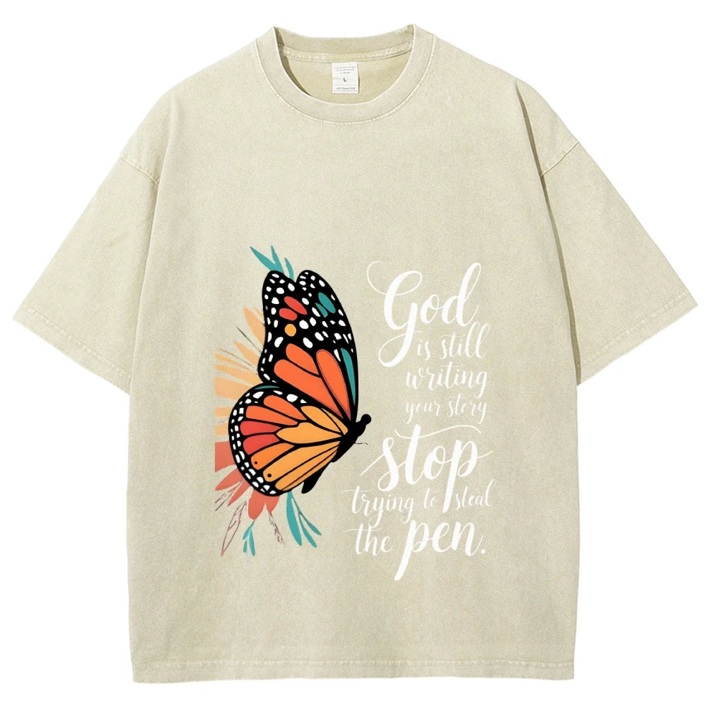 Butterfly God Steal The Pen Graphic Washed Tee Cool Boys Y2K Streetwear Casual Unisex Retro Style Fashion Tee Shirt
