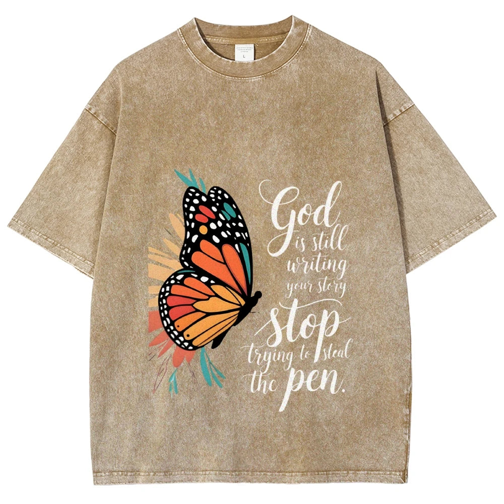Butterfly God Steal The Pen Graphic Washed Tee Cool Boys Y2K Streetwear Casual Unisex Retro Style Fashion Tee Shirt
