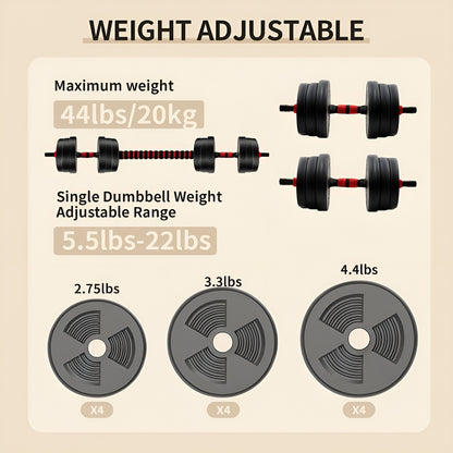 5-44lbs Adjustable Dumbbell to Barbell Set, Anti-Slip Grip, Versatile Home Gym Fitness Strength Training Barbell Weight Plates