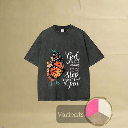 Butterfly God Steal The Pen Graphic Washed Tee Cool Boys Y2K Streetwear Casual Unisex Retro Style Fashion Tee Shirt