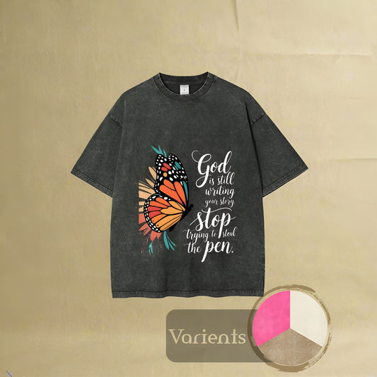 Butterfly God Steal The Pen Graphic Washed Tee Cool Boys Y2K Streetwear Casual Unisex Retro Style Fashion Tee Shirt