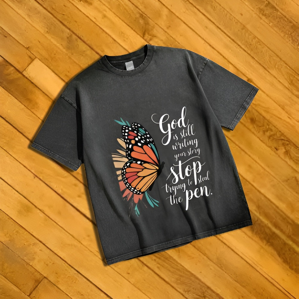 Unisex - Butterfly God is Still Writing Graphic Washed Tee Y2K Streetwear Casual Unisex Retro Style