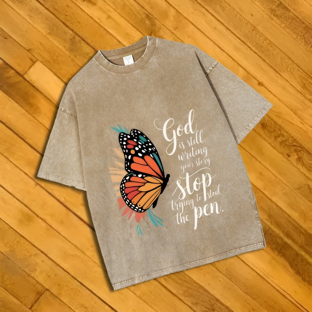 Unisex - Butterfly God is Still Writing Graphic Washed Tee Y2K Streetwear Casual Unisex Retro Style