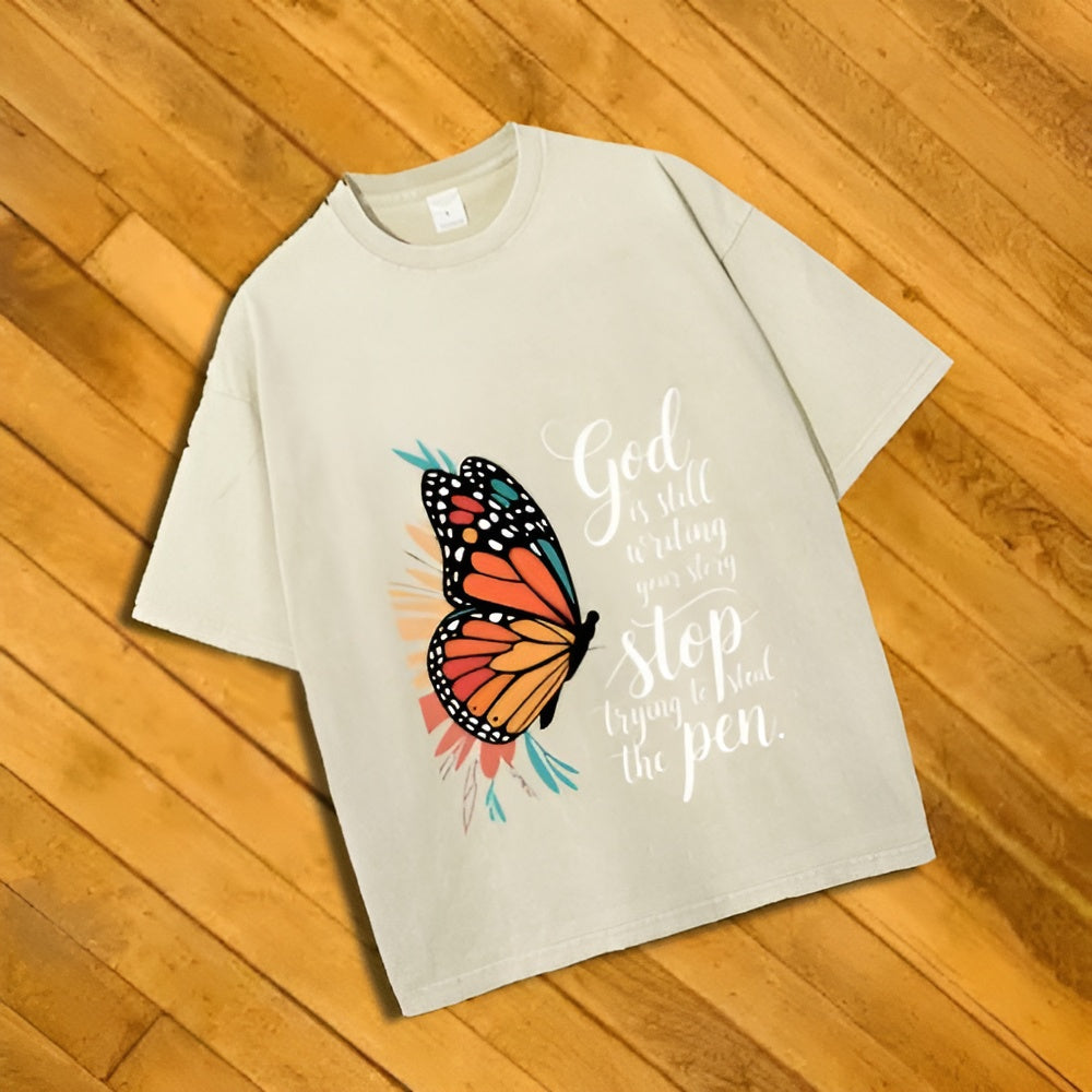 Unisex - Butterfly God is Still Writing Graphic Washed Tee Y2K Streetwear Casual Unisex Retro Style