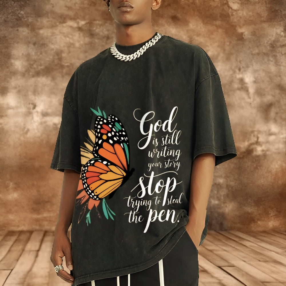 Unisex - Butterfly God is Still Writing Graphic Washed Tee Y2K Streetwear Casual Unisex Retro Style