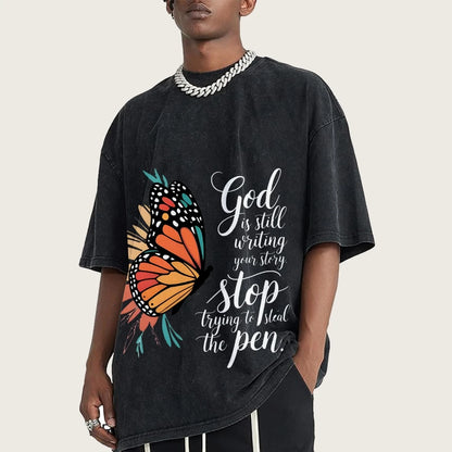 Butterfly God Steal The Pen Graphic Washed Tee Cool Boys Y2K Streetwear Casual Unisex Retro Style Fashion Tee Shirt