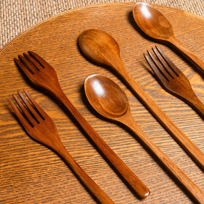 8 Sets of Wooden Soup Spoons and Forks Set Natural Wood Cutlery Wooden Cutlery Set, Eco-Friendly Wooden Cutlery, Wooden Dinner F