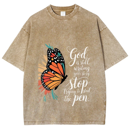 Butterfly God Steal The Pen Graphic Washed Tee Cool Boys Y2K Streetwear Casual Unisex Retro Style Fashion Tee Shirt